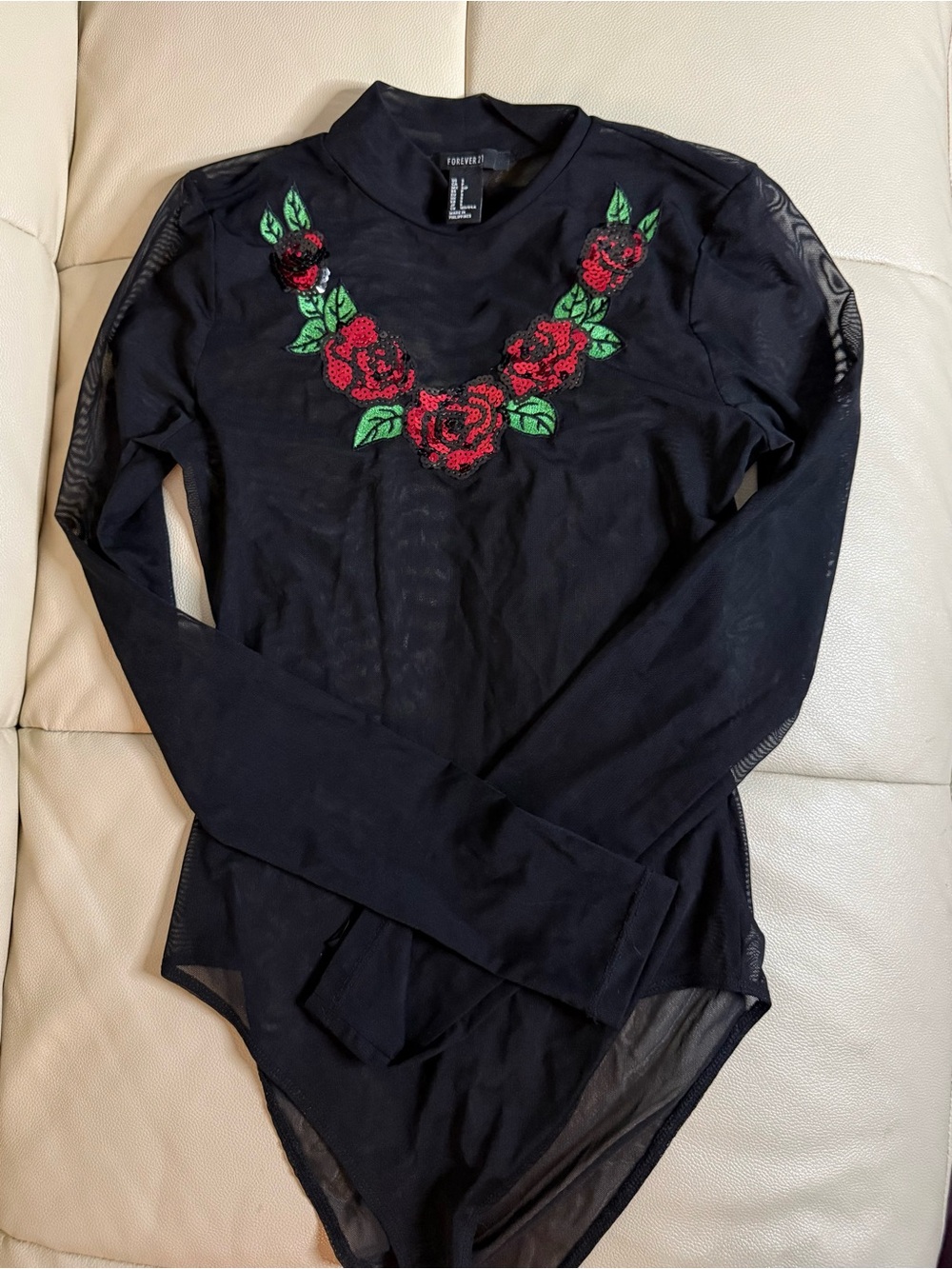 Black mesh sequin rose bodysuit